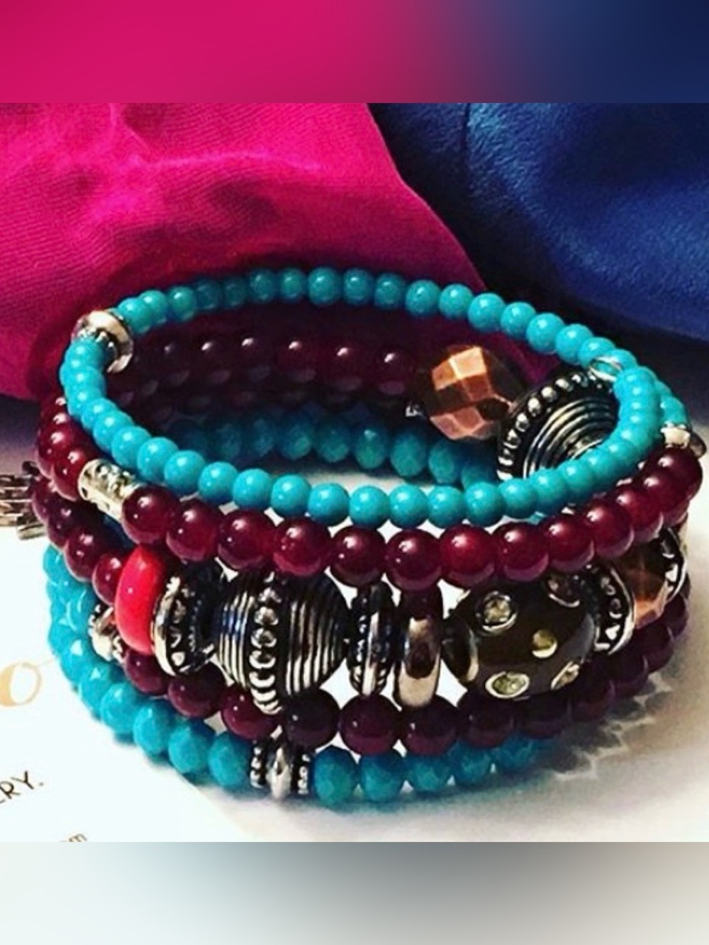 Artisan Turquoise & Maroon Beaded Multi-Strand Bracelet